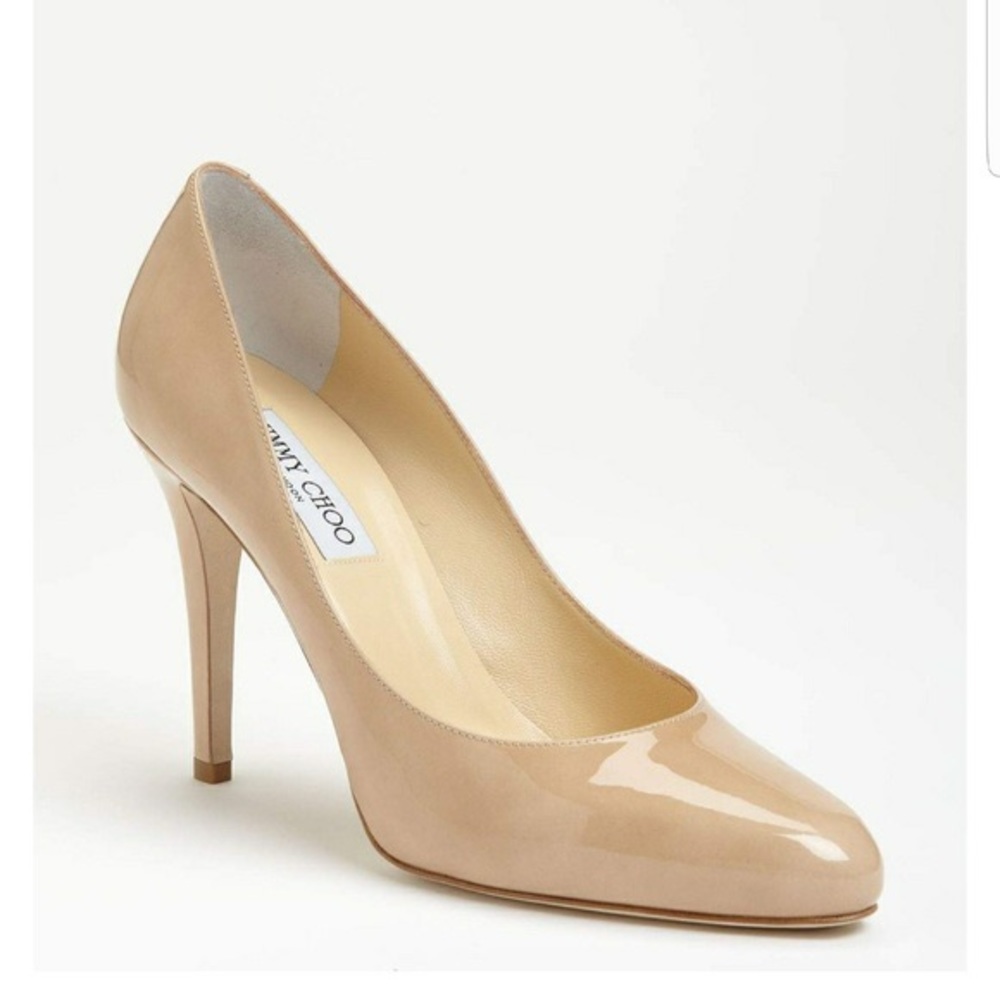 Nude Patent Leather Tapered Round Toe Vikki Pumps - Picture 1 of 13